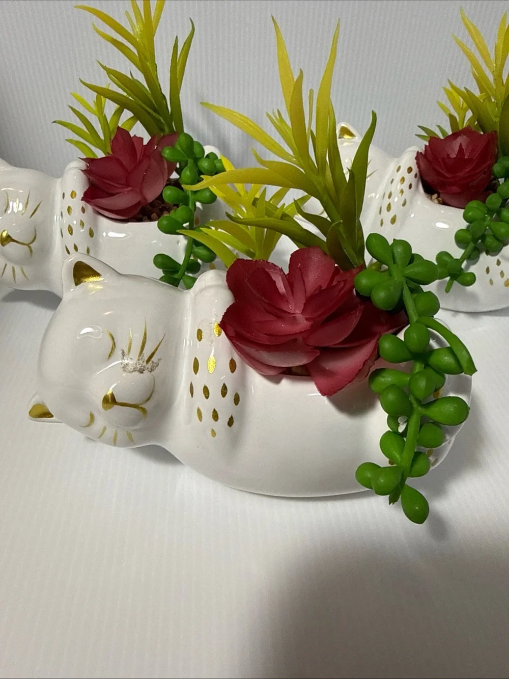 Modern Expressions White Ceramic Cat Planter w/ Faux Succulents